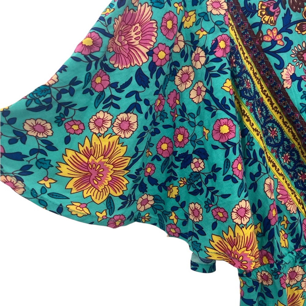 Cupshe Floral Boho Mini Dress Women Sz L V Neck Flutter Sleeve Beach Vacation - Picture 3 of 7